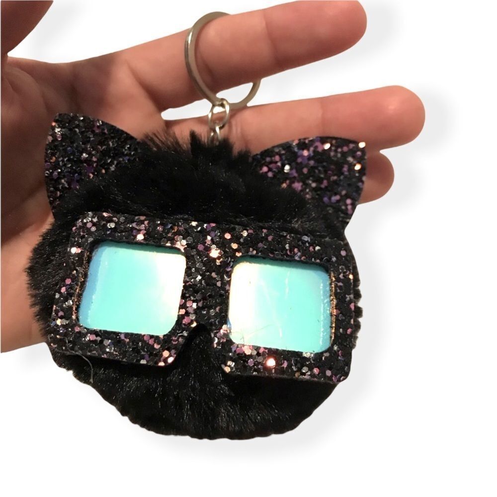 Black Sunglasses Cat Sparkly Fluffy Keychain